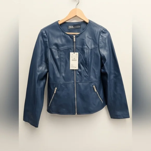Zara Women's Navy Faux Leather Peplum Jacket - Picture 1 of 1